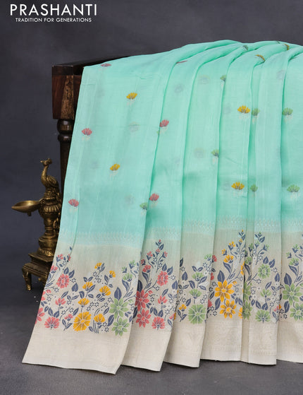 Raw silk saree pastel blue and cream with floral prints & zari buttas and zari woven floral paithani border