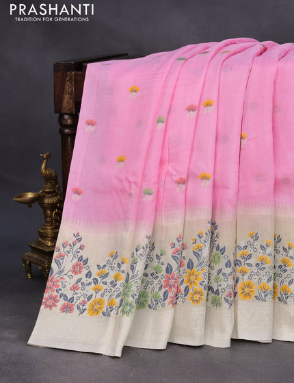 Raw silk saree baby pink and cream with floral prints & zari buttas and zari woven floral paithani border