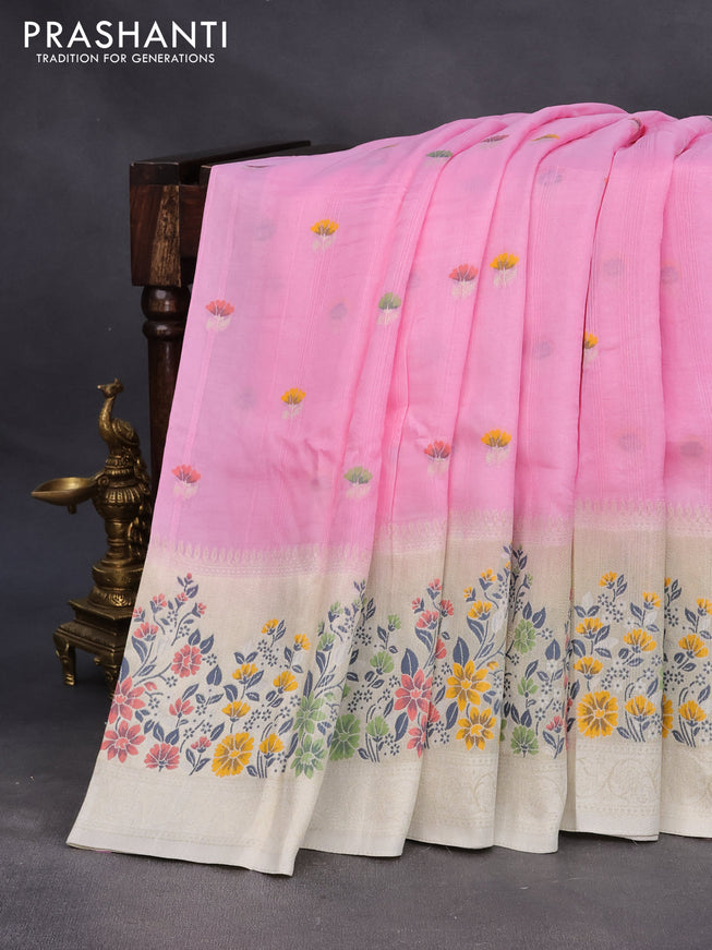 Raw silk saree baby pink and cream with floral prints & zari buttas and zari woven floral paithani border