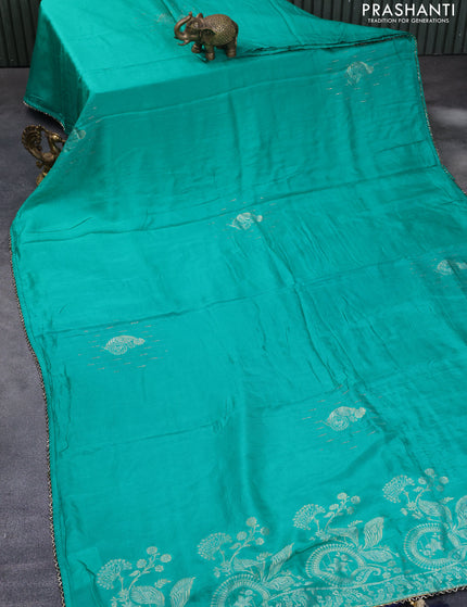 Raw silk saree teal green and navy blue with zari buttas and beaded work border