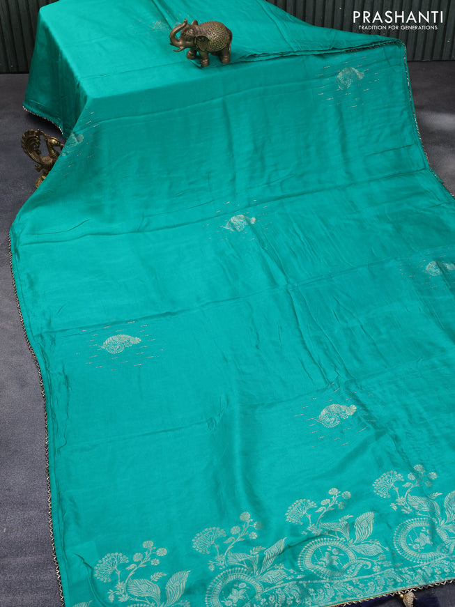 Raw silk saree teal green and navy blue with zari buttas and beaded work border