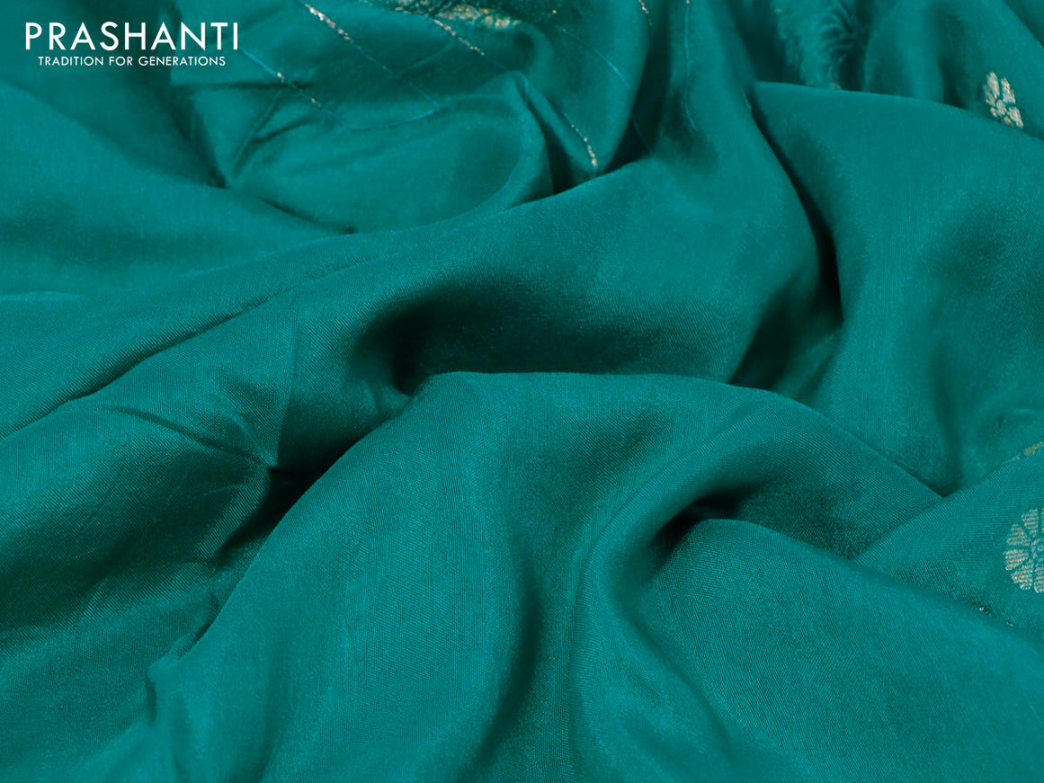 Raw silk saree teal green and navy blue with zari buttas and beaded work border