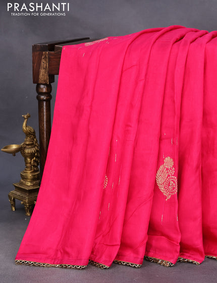 Raw silk saree pink and dark peacock green with zari buttas and beaded work border