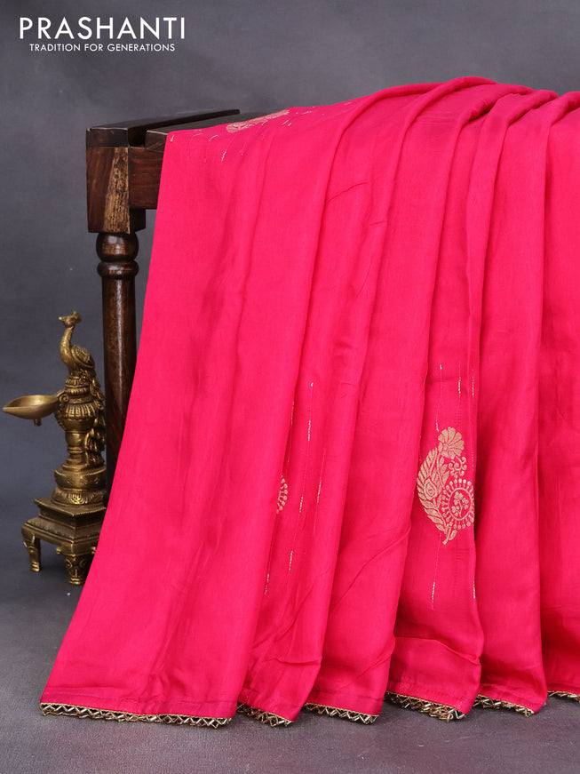 Raw silk saree pink and dark peacock green with zari buttas and beaded work border