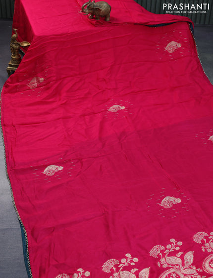 Raw silk saree pink and dark peacock green with zari buttas and beaded work border