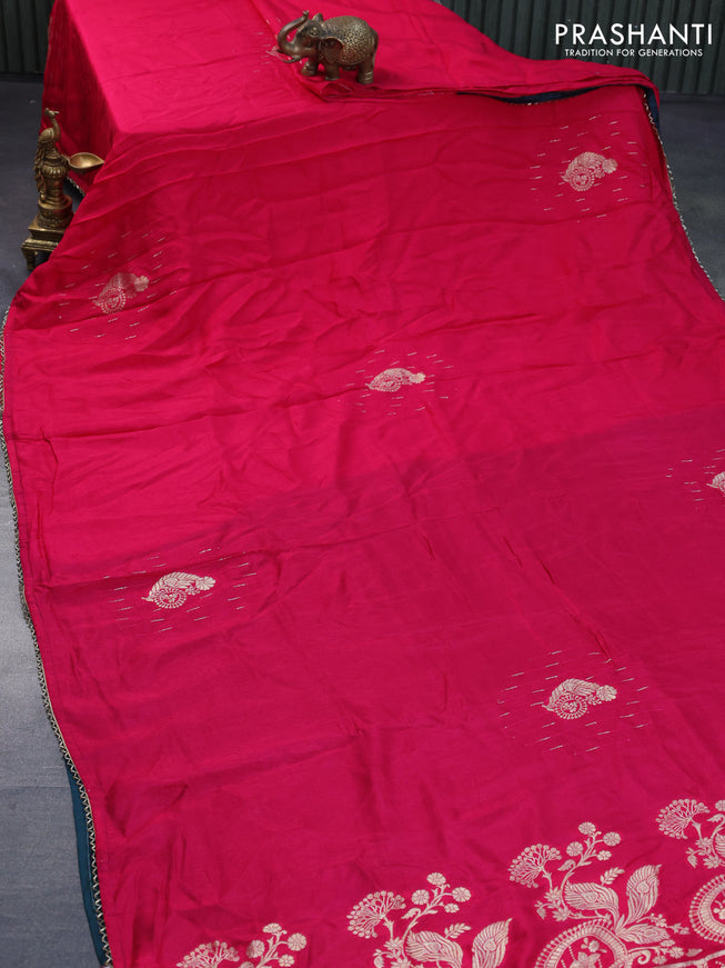 Raw silk saree pink and dark peacock green with zari buttas and beaded work border