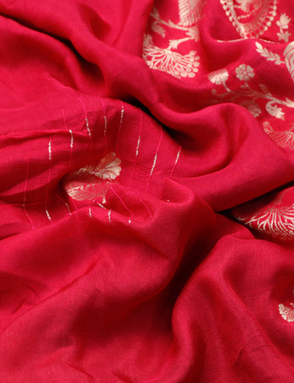 Raw silk saree pink and dark peacock green with zari buttas and beaded work border