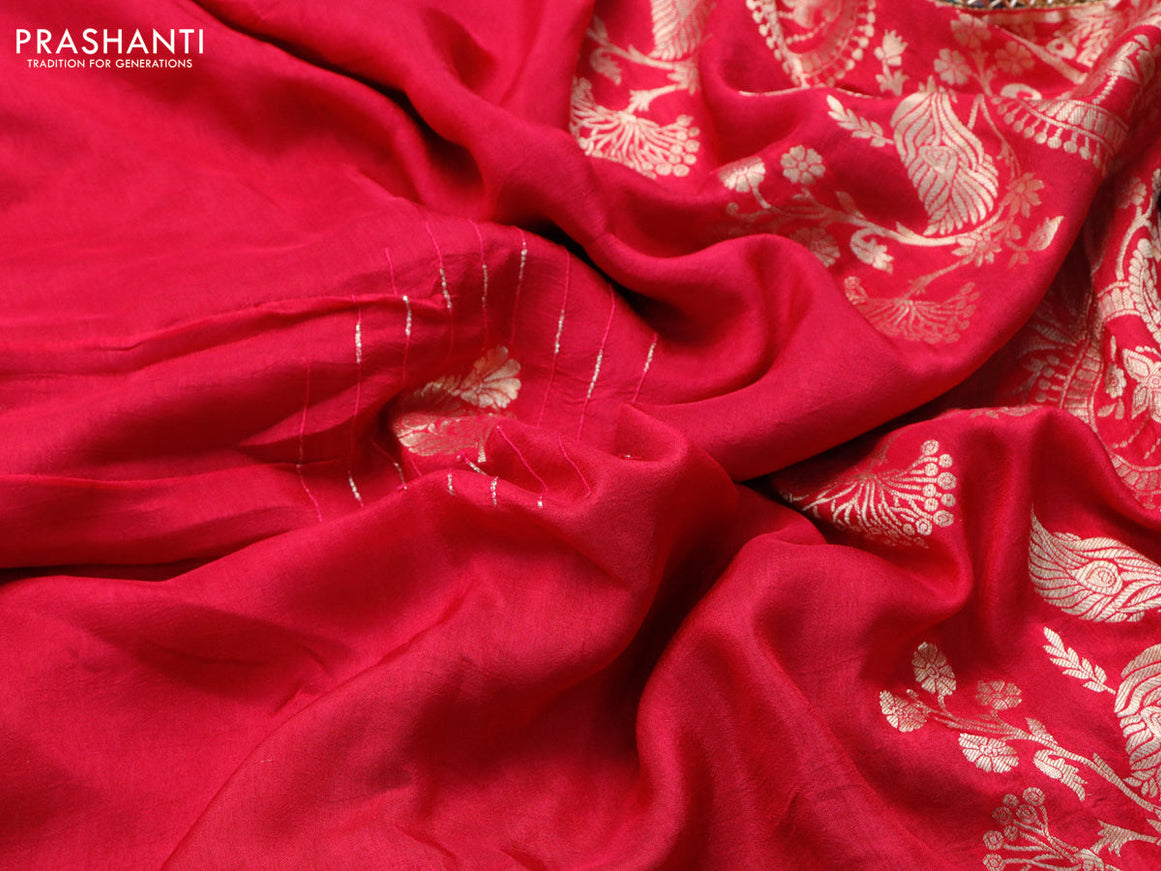 Raw silk saree pink and dark peacock green with zari buttas and beaded work border