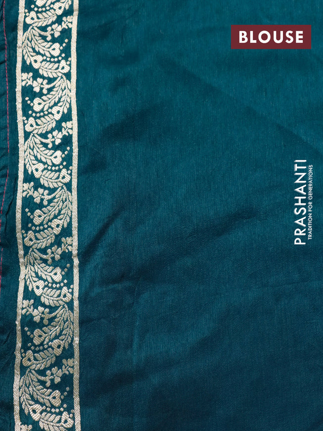 Raw silk saree pink and dark peacock green with zari buttas and beaded work border