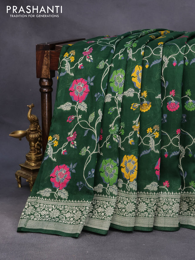 Raw silk saree dark green with allover thread & zari woven floral weaves and zari woven border