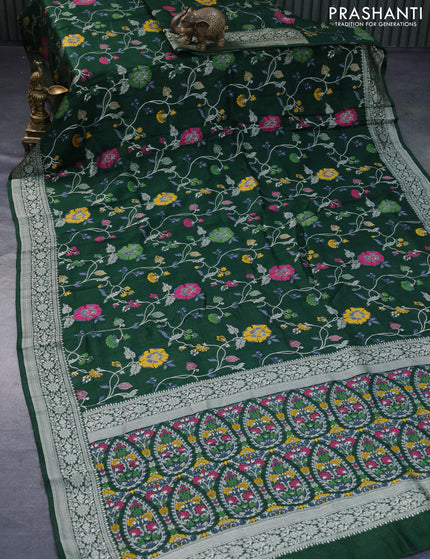 Raw silk saree dark green with allover thread & zari woven floral weaves and zari woven border