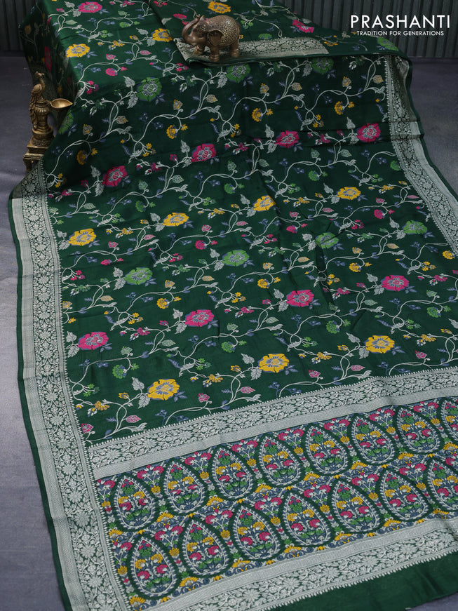 Raw silk saree dark green with allover thread & zari woven floral weaves and zari woven border