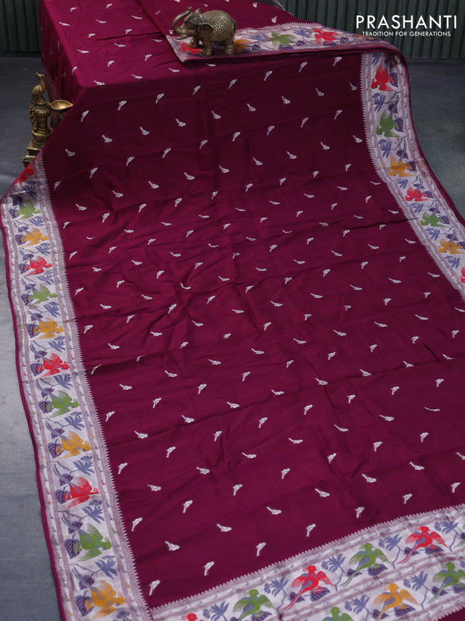 Raw silk saree wine shade with zari woven buttas and zari woven paithani style border