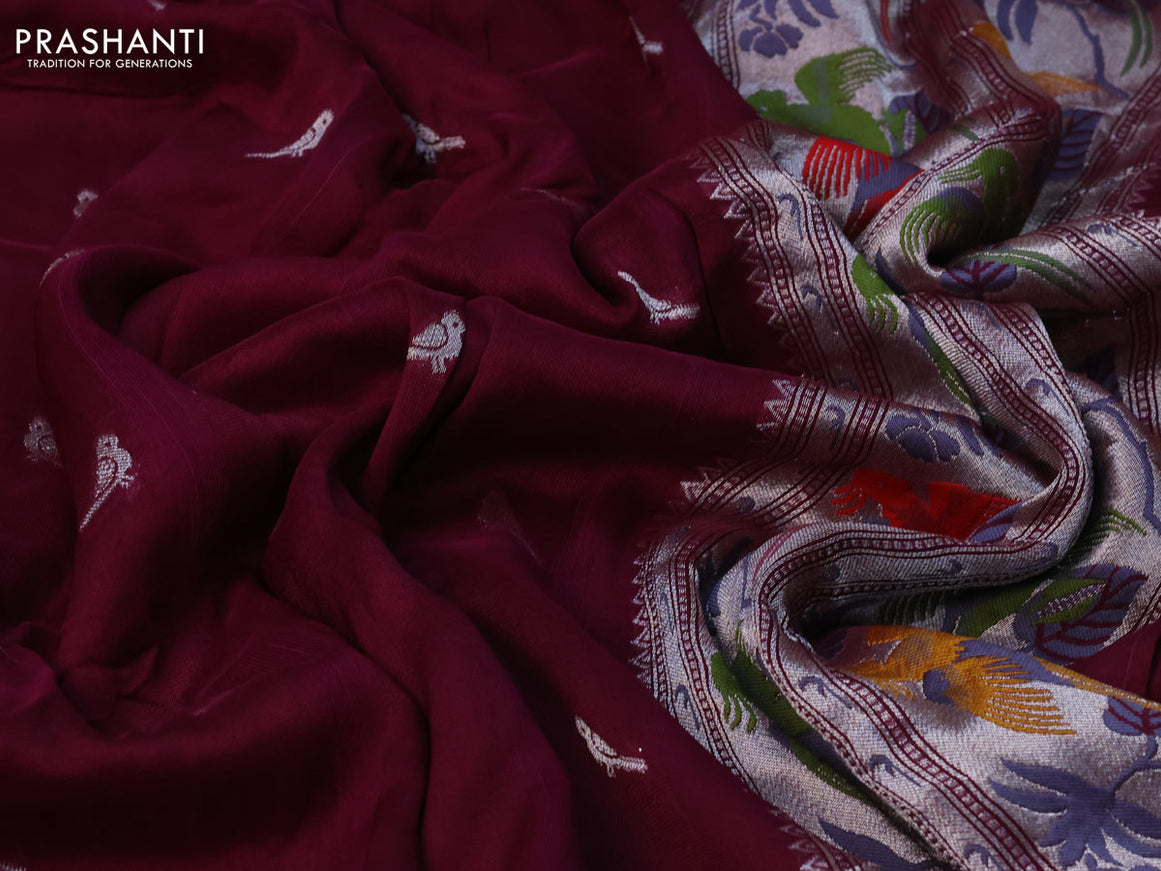 Raw silk saree wine shade with zari woven buttas and zari woven paithani style border