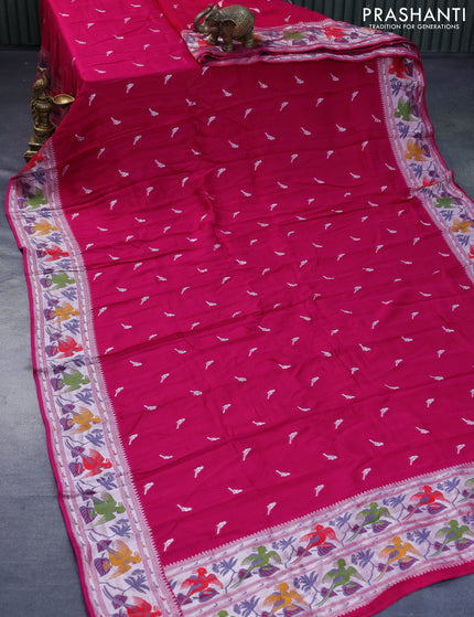 Raw silk saree pink with zari woven buttas and zari woven paithani style border