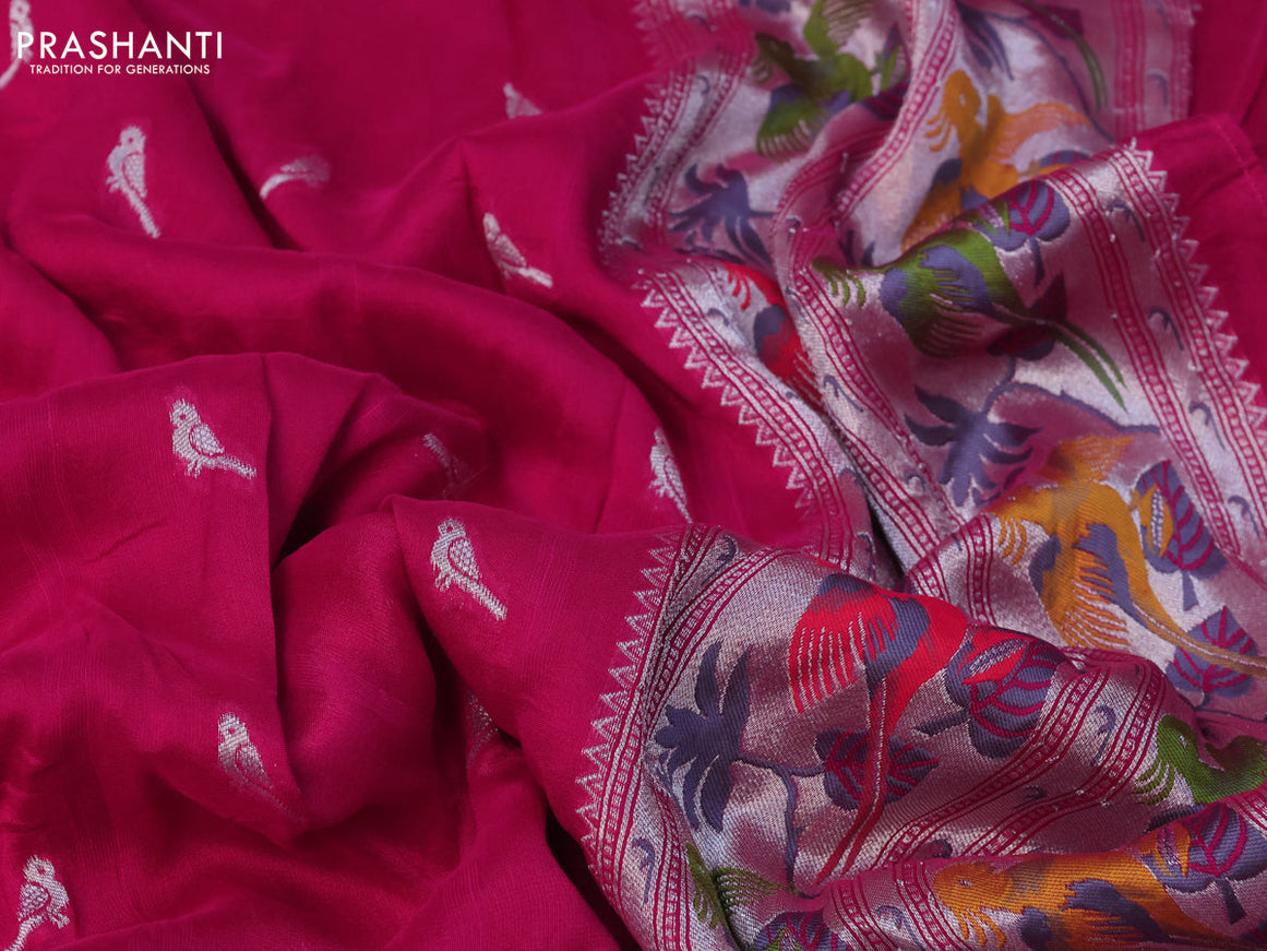 Raw silk saree pink with zari woven buttas and zari woven paithani style border