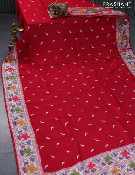 Raw silk saree kum kum red with zari woven buttas and zari woven paithani style border