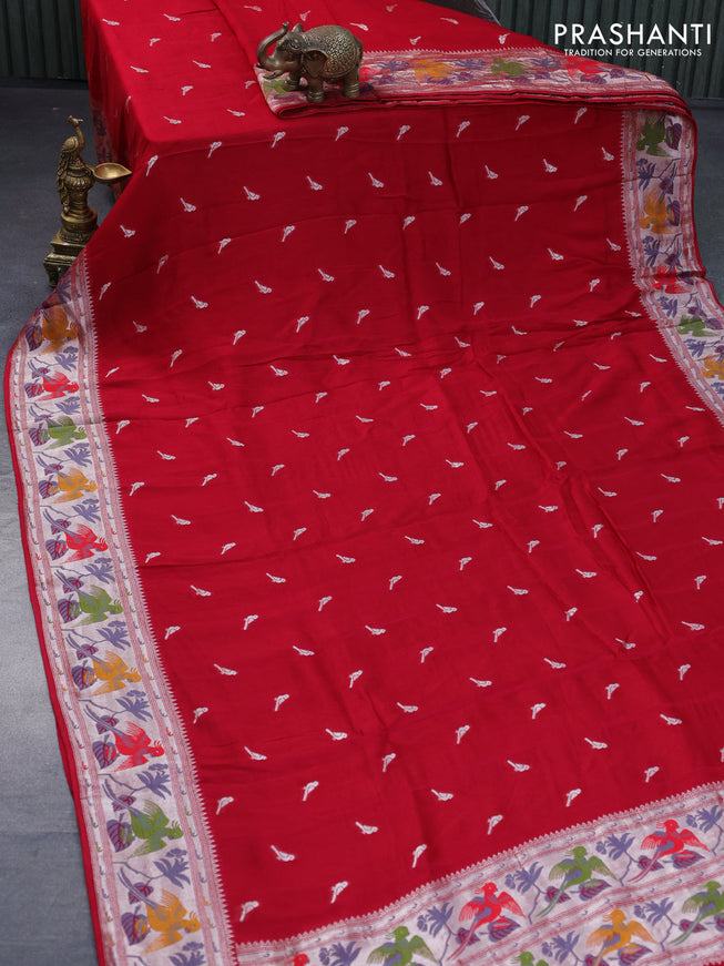 Raw silk saree kum kum red with zari woven buttas and zari woven paithani style border