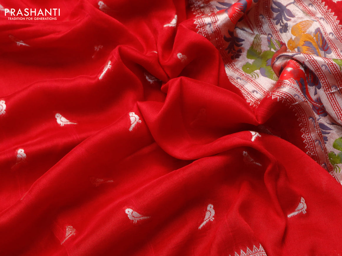 Raw silk saree kum kum red with zari woven buttas and zari woven paithani style border