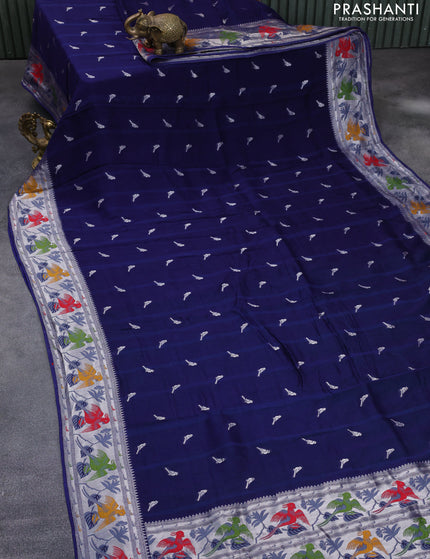 Raw silk saree navy blue and teal green with zari woven buttas and zari woven paithani style border