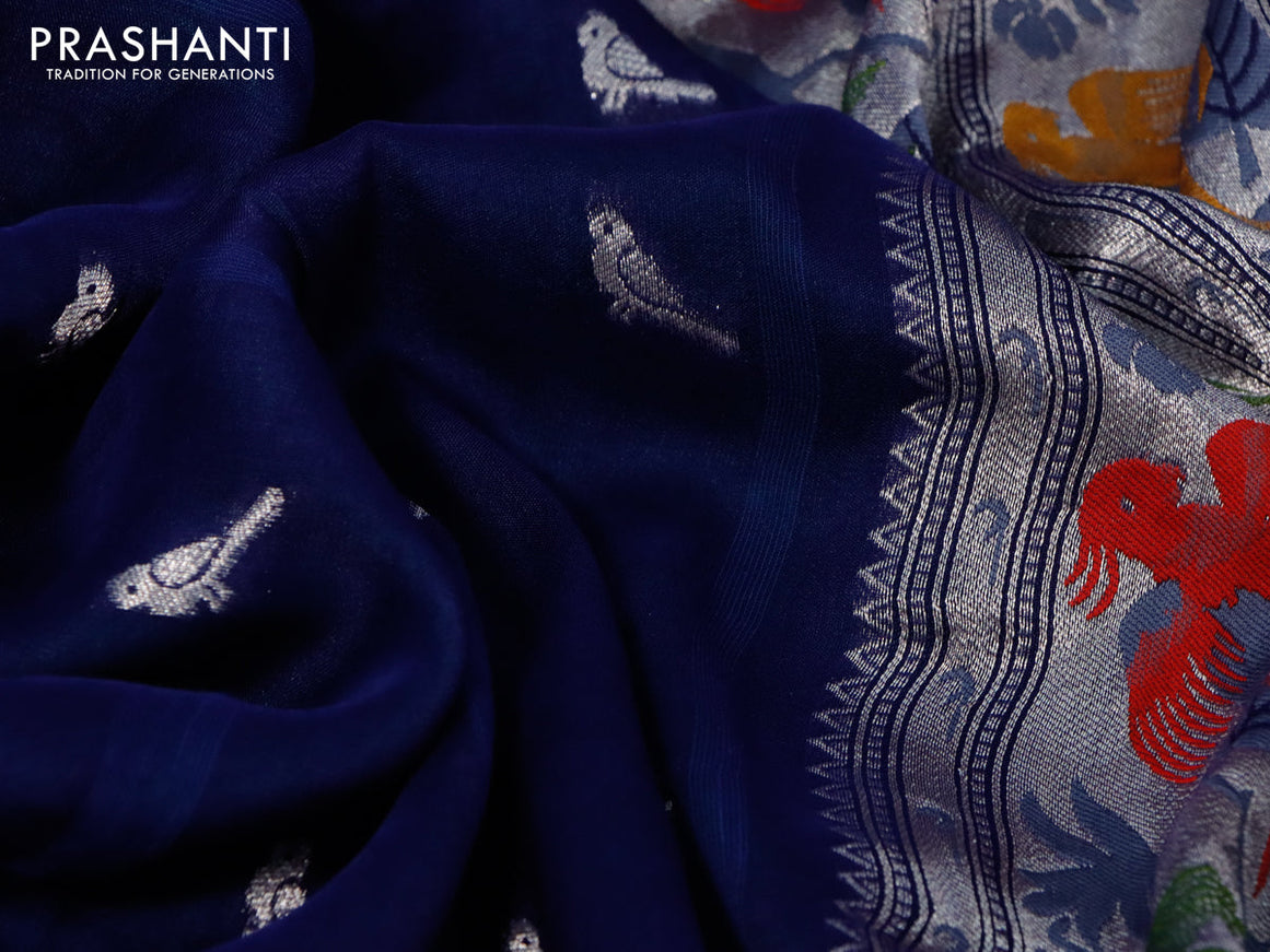 Raw silk saree navy blue and teal green with zari woven buttas and zari woven paithani style border