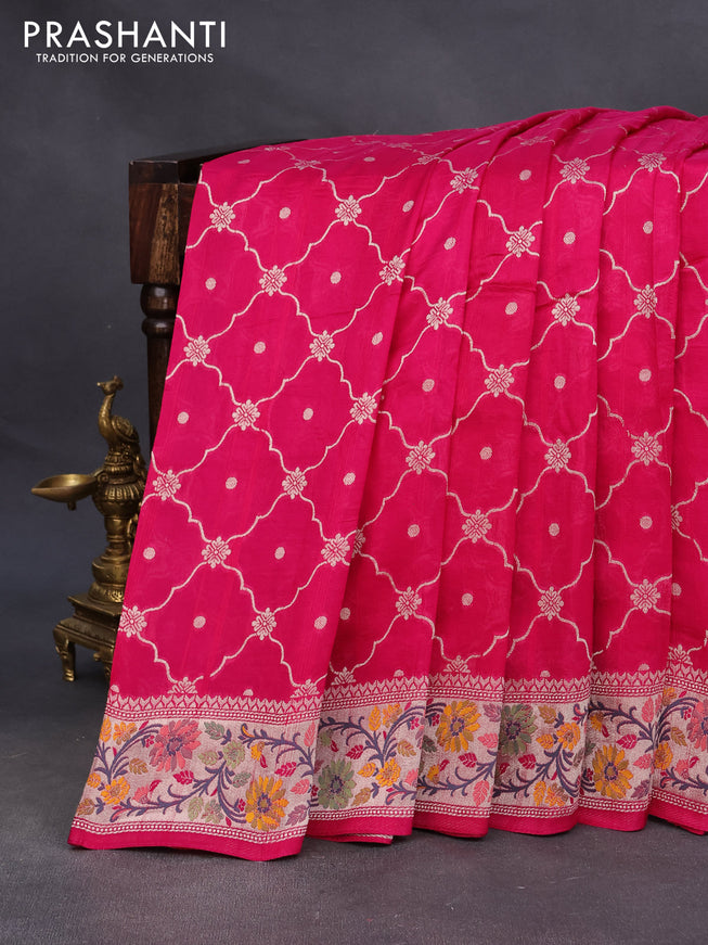 Raw silk saree pink with allover zari weaves and zari woven floral paithani border