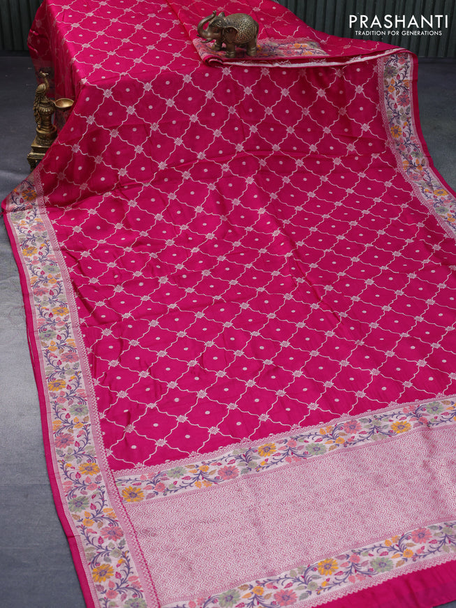 Raw silk saree pink with allover zari weaves and zari woven floral paithani border