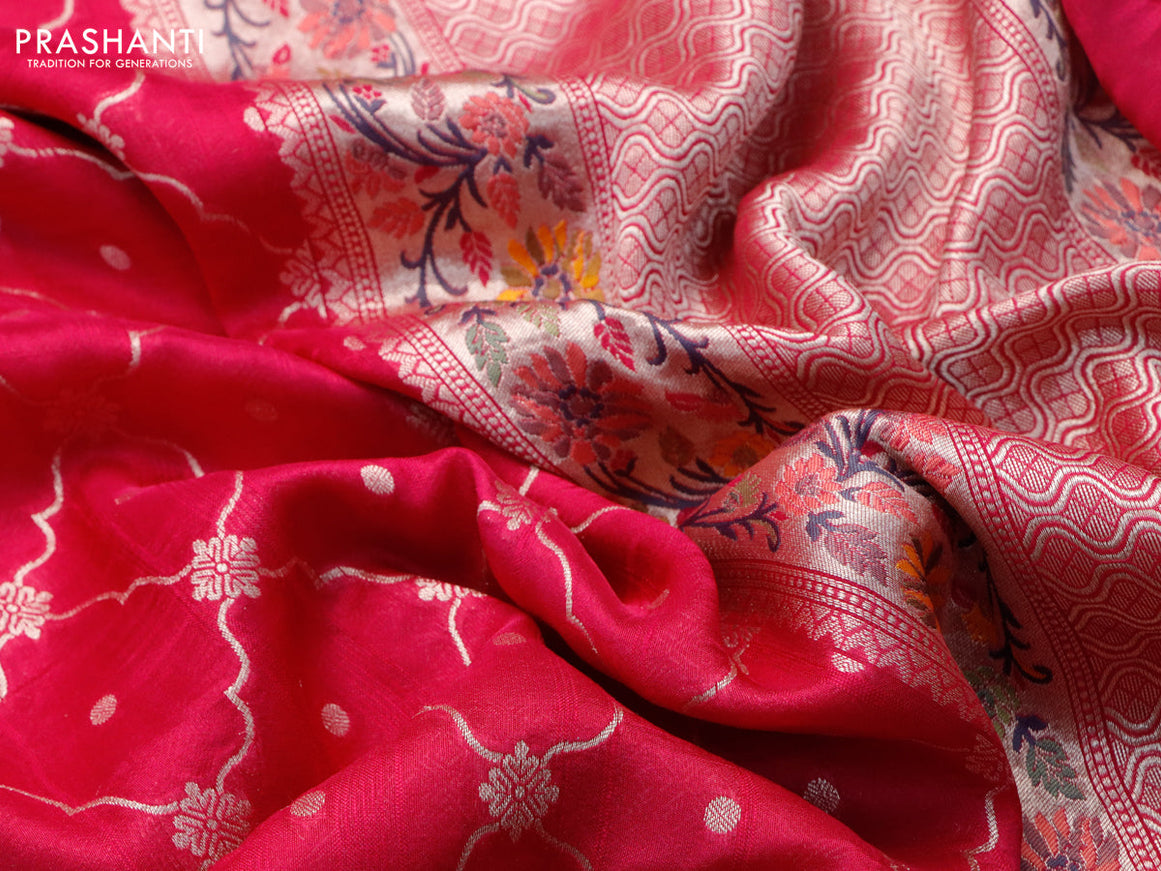 Raw silk saree pink with allover zari weaves and zari woven floral paithani border