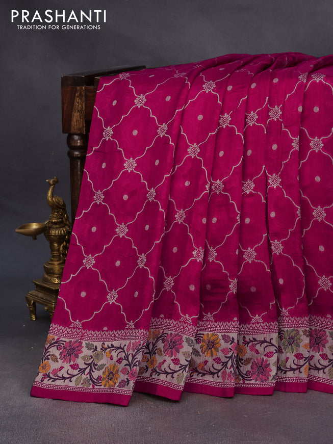 Raw silk saree pink with allover zari weaves and zari woven floral paithani border