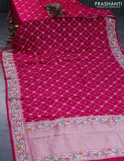 Raw silk saree pink with allover zari weaves and zari woven floral paithani border