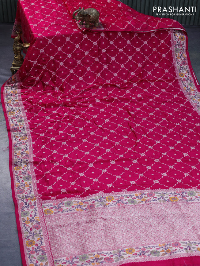 Raw silk saree pink with allover zari weaves and zari woven floral paithani border