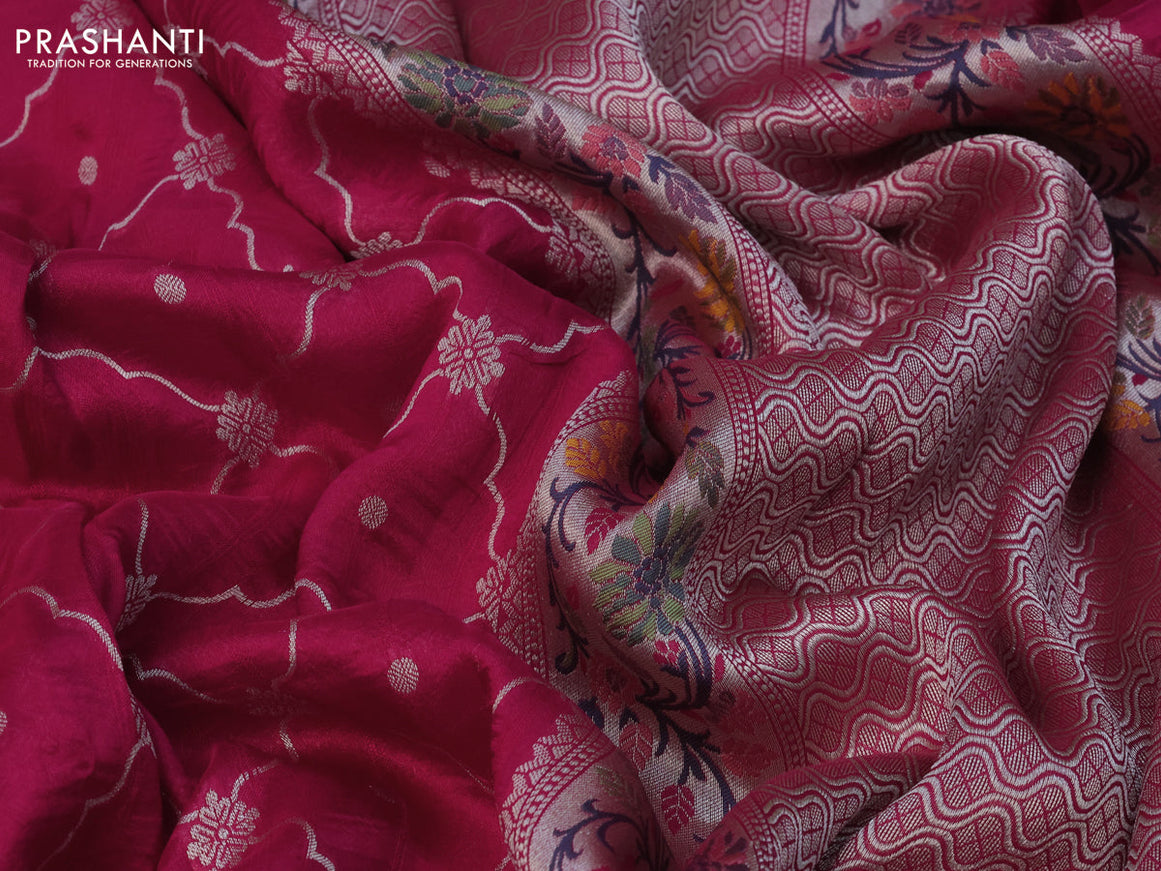 Raw silk saree pink with allover zari weaves and zari woven floral paithani border