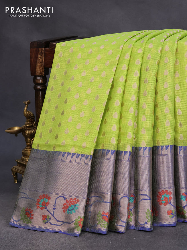 Zari kota saree light green and blue with allover zari woven buttas and long zari woven floral design border