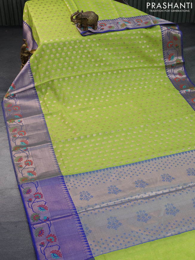 Zari kota saree light green and blue with allover zari woven buttas and long zari woven floral design border