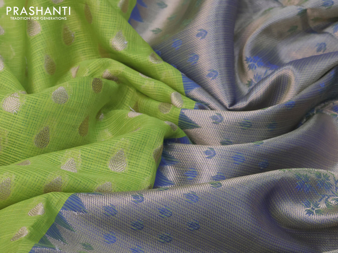 Zari kota saree light green and blue with allover zari woven buttas and long zari woven floral design border