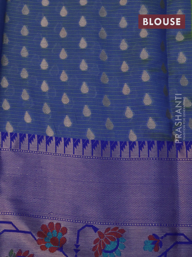 Zari kota saree light green and blue with allover zari woven buttas and long zari woven floral design border