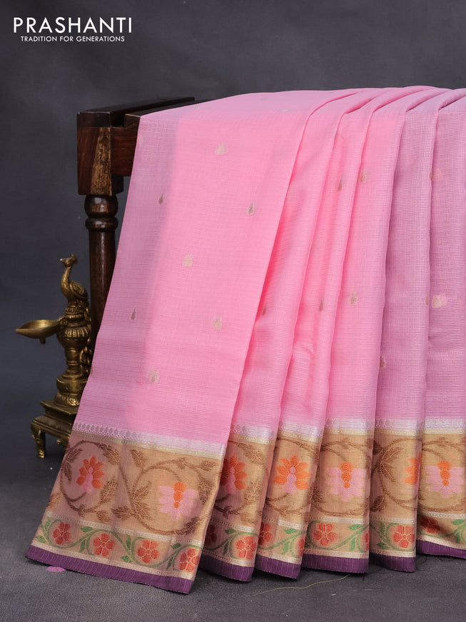 Zari kota saree light pink and wine shade with zari woven buttas and zari woven floral design border