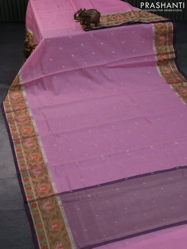 Zari kota saree light pink and wine shade with zari woven buttas and zari woven floral design border