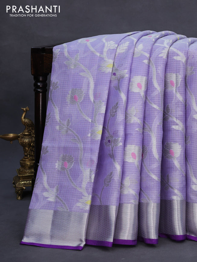 Zari kota saree lavender and violet with allover thread & silver floral zari weaves and silver zari woven border