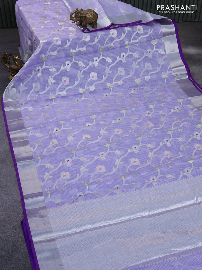 Zari kota saree lavender and violet with allover thread & silver floral zari weaves and silver zari woven border