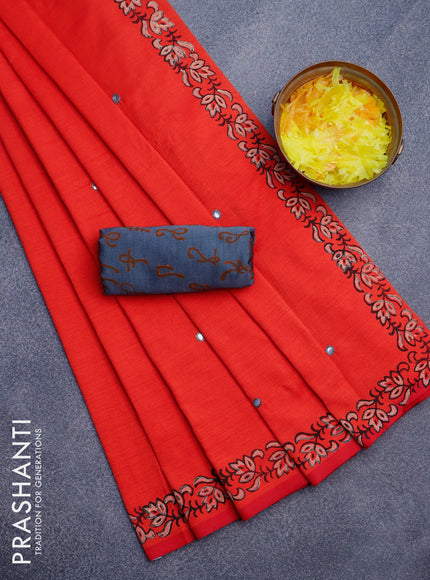 Poly cotton saree orange and grey with mirror & embroidery work and block printed border with separate blouse