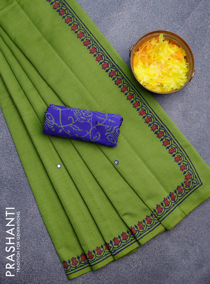 Poly cotton saree mehendi green and blue with mirror & embroidery work and block printed border with separate blouse