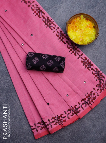 Poly cotton saree pink and black with mirror & embroidery work and block printed border with separate blouse