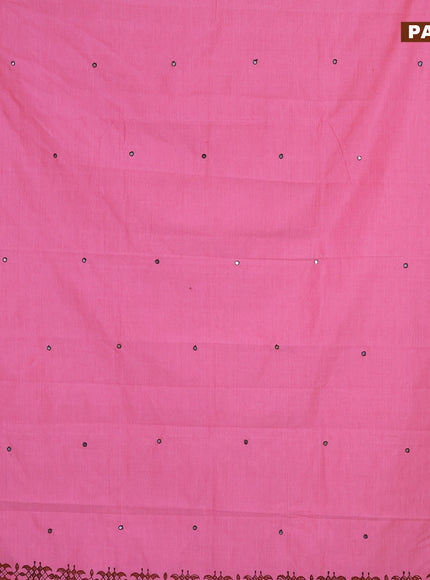 Poly cotton saree pink and black with mirror & embroidery work and block printed border with separate blouse