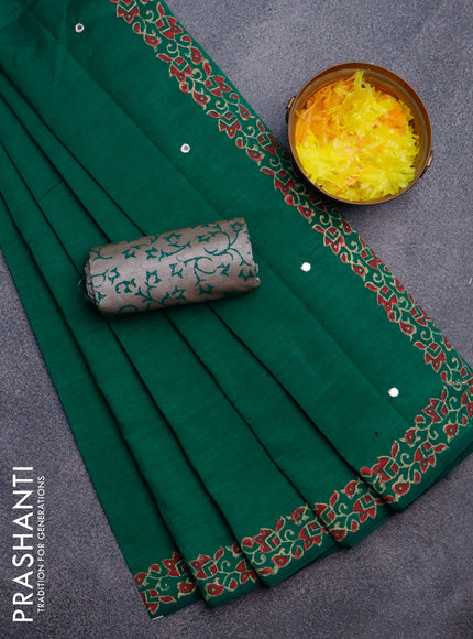 Poly cotton saree green and grey shade with mirror & embroidery work and block printed border with separate blouse