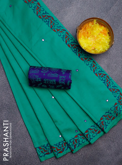 Poly cotton saree teal green and blue with mirror & embroidery work and block printed border with separate blouse