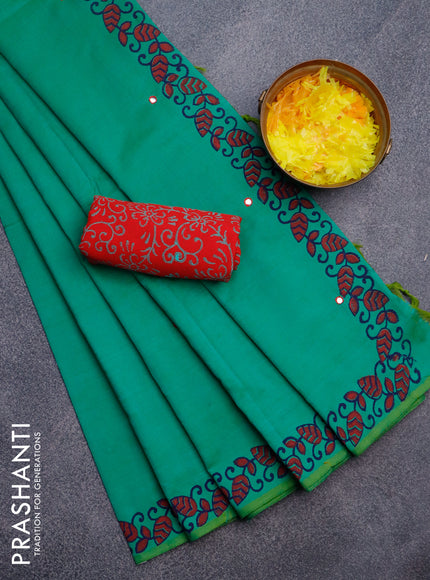 Poly cotton saree dual shade of green and red with mirror & embroidery work and block printed border with separate blouse