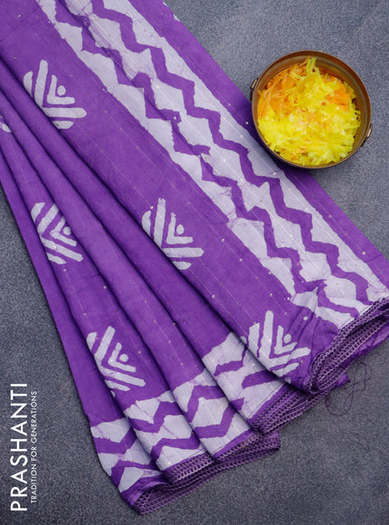 Batik cotton saree lavender with allover sequin work & batik butta prints and printed lace work border