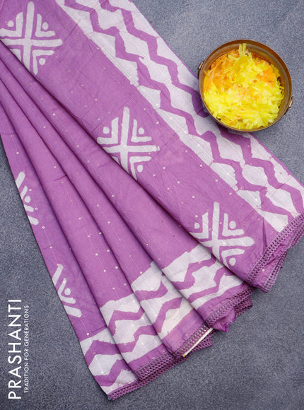 Batik cotton saree mauve pink with allover sequin work & batik butta prints and printed lace work border