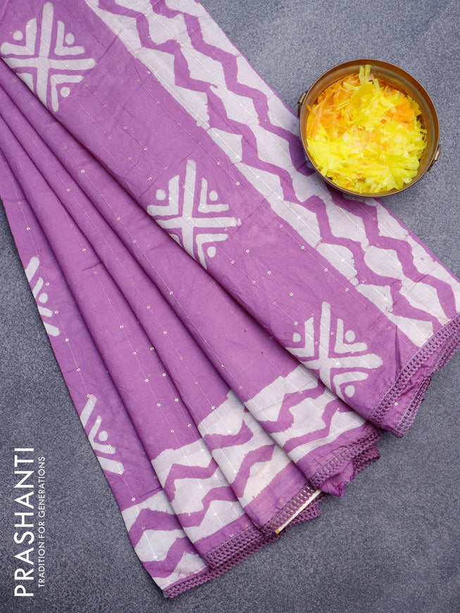 Batik cotton saree mauve pink with allover sequin work & batik butta prints and printed lace work border